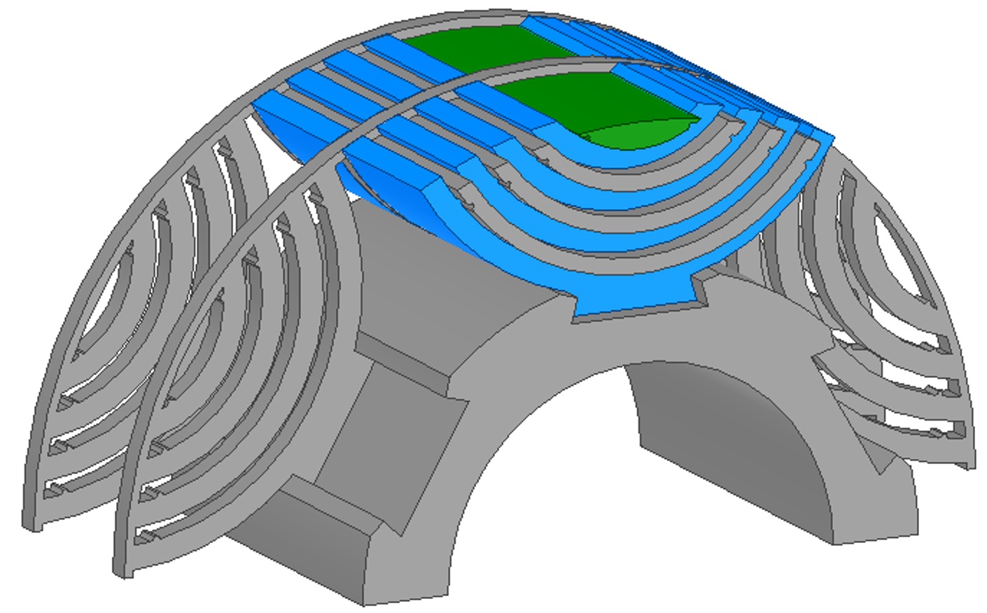Rotor structural design. Blue pieces are rotor laminations. Grey and green parts are non-magnetic light strong supporting materials